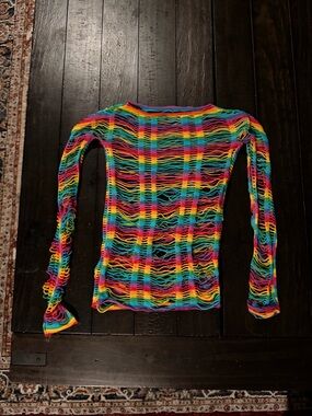 Rainbow Distressed Mesh Knit Long Sleeve Festival Top